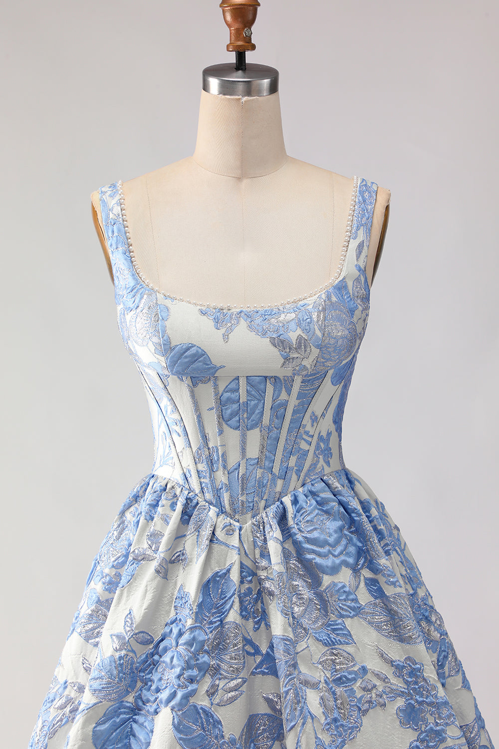 Floral Light Blue Jacquard A Line Long Corset Prom Dress