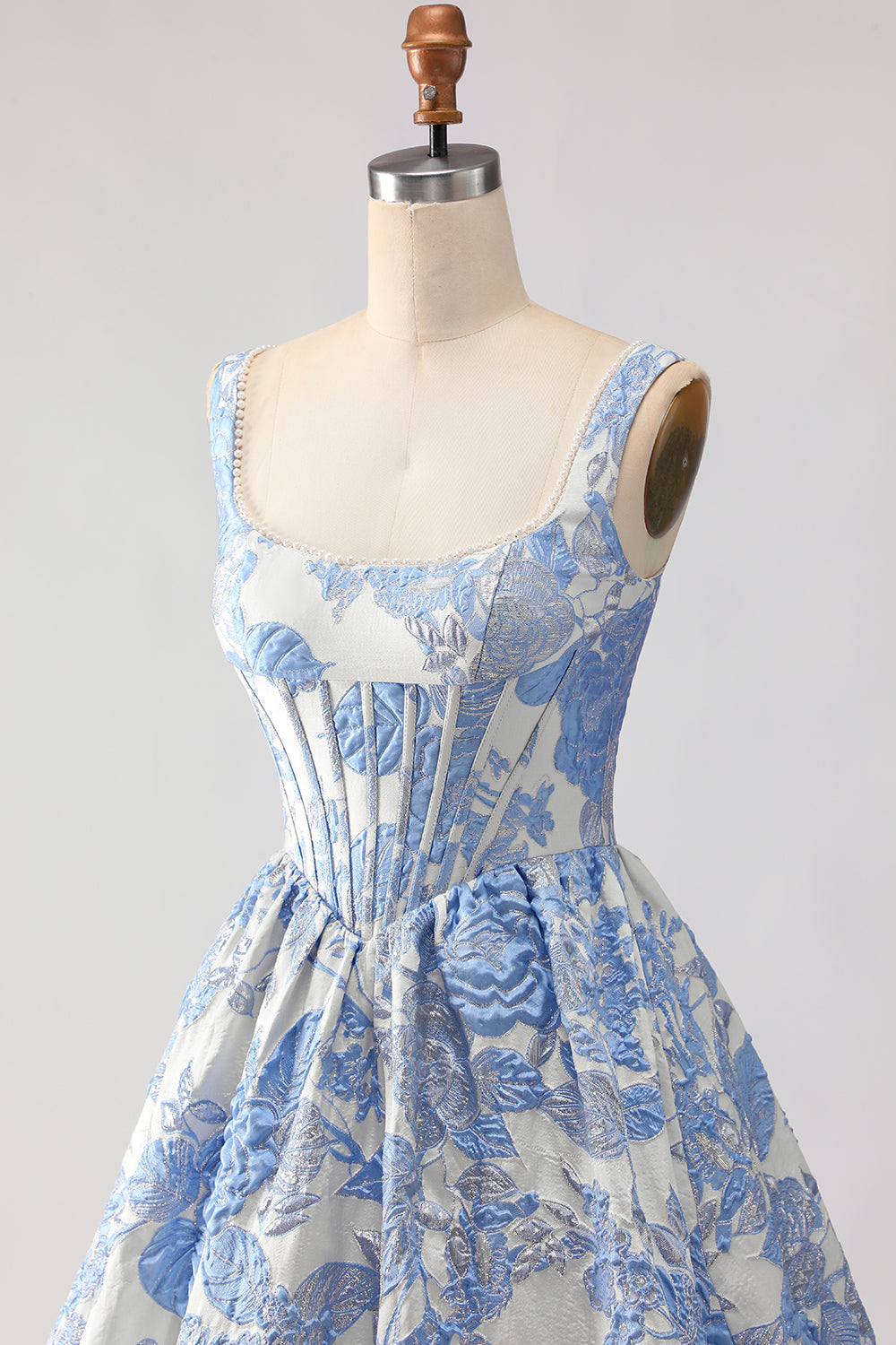 Floral Light Blue Jacquard A Line Long Corset Prom Dress