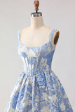 Floral Light Blue Jacquard A Line Long Corset Prom Dress