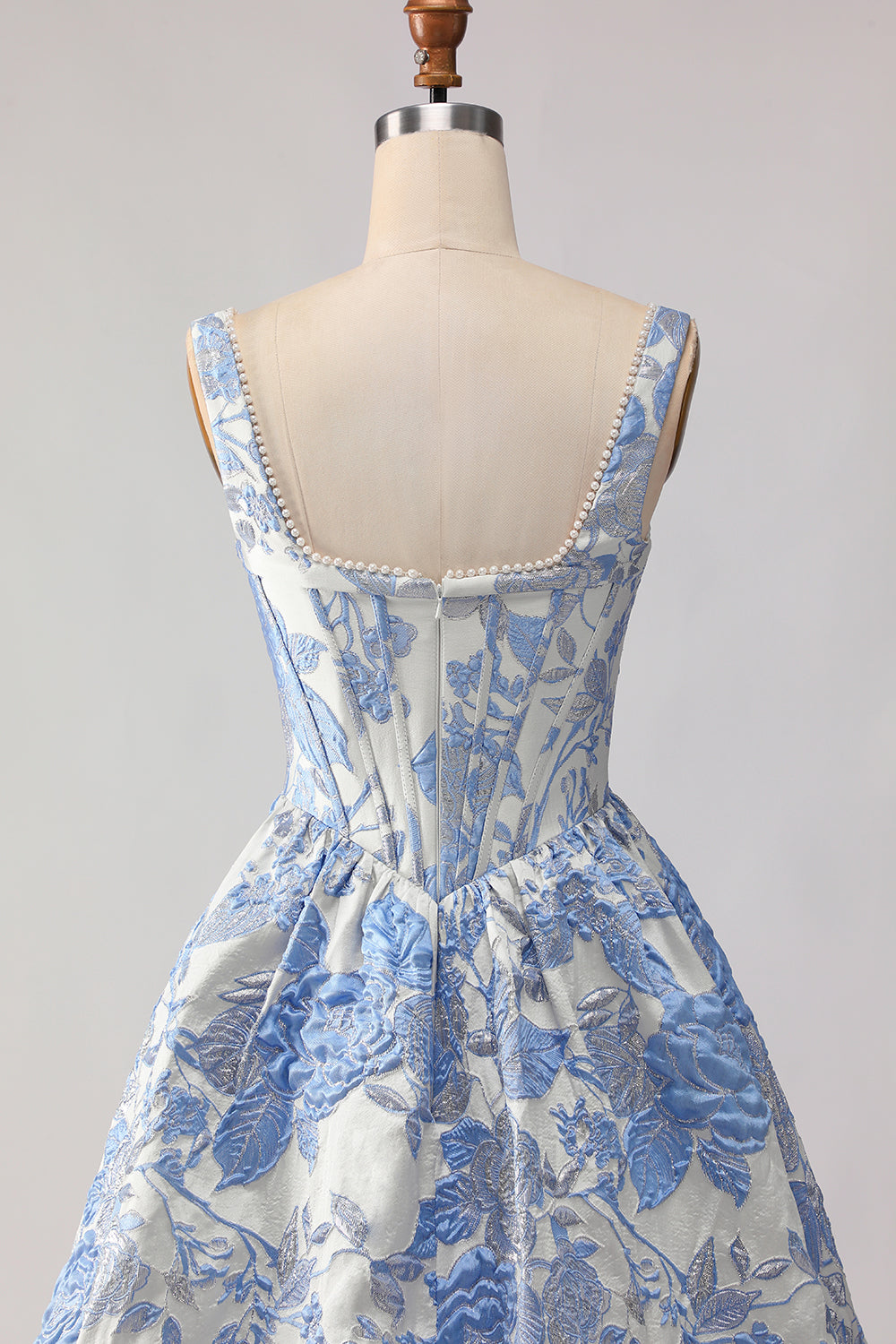 Floral Light Blue Jacquard A Line Long Corset Prom Dress