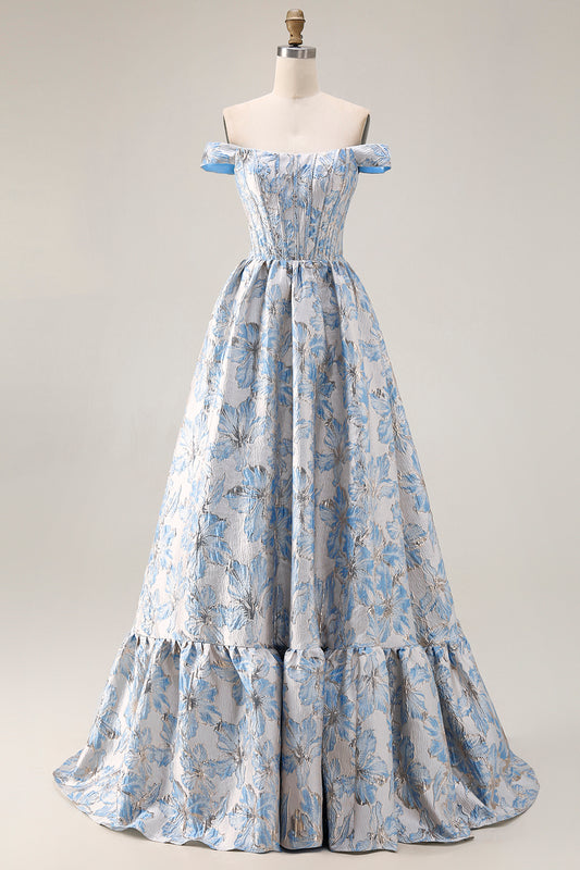 Floral Light Blue A Line Jacquard Off the Shoulder Long Corset Prom Dress