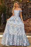 Floral Light Blue Off the Shoulder Jacquard Long Corset Prom Dress