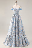 Floral Light Blue Off the Shoulder Jacquard Long Corset Prom Dress