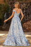 Floral Light Blue Off the Shoulder Jacquard Long Corset Prom Dress