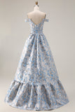 Floral Light Blue Off the Shoulder Jacquard Long Corset Prom Dress