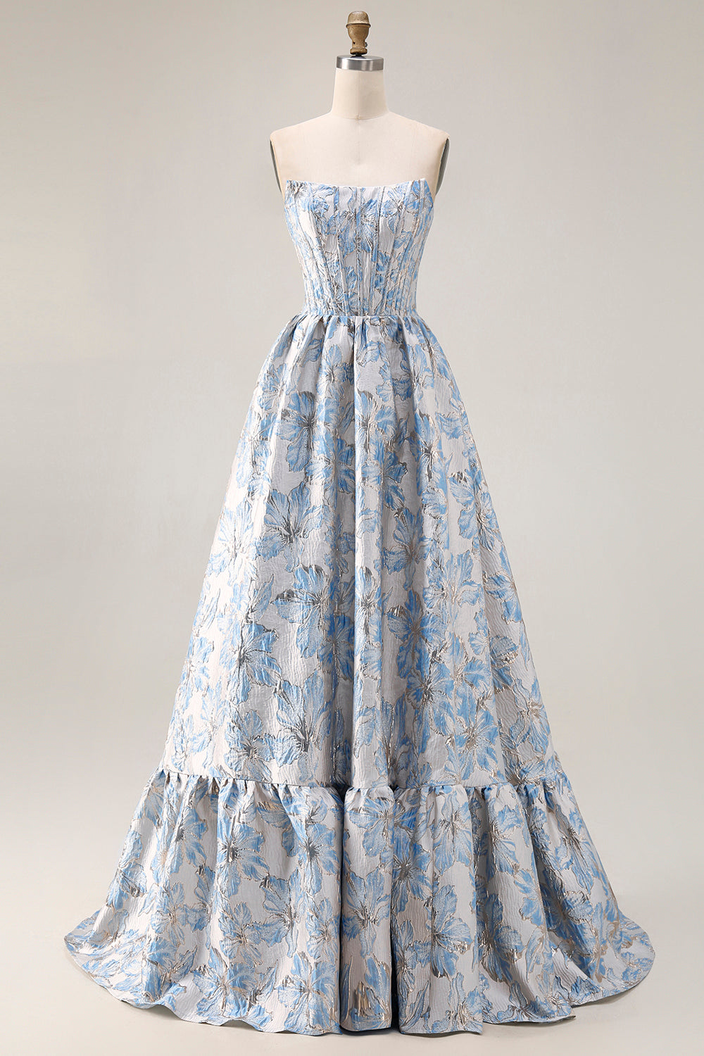 Floral Light Blue A Line Jacquard Off the Shoulder Long Corset Prom Dress