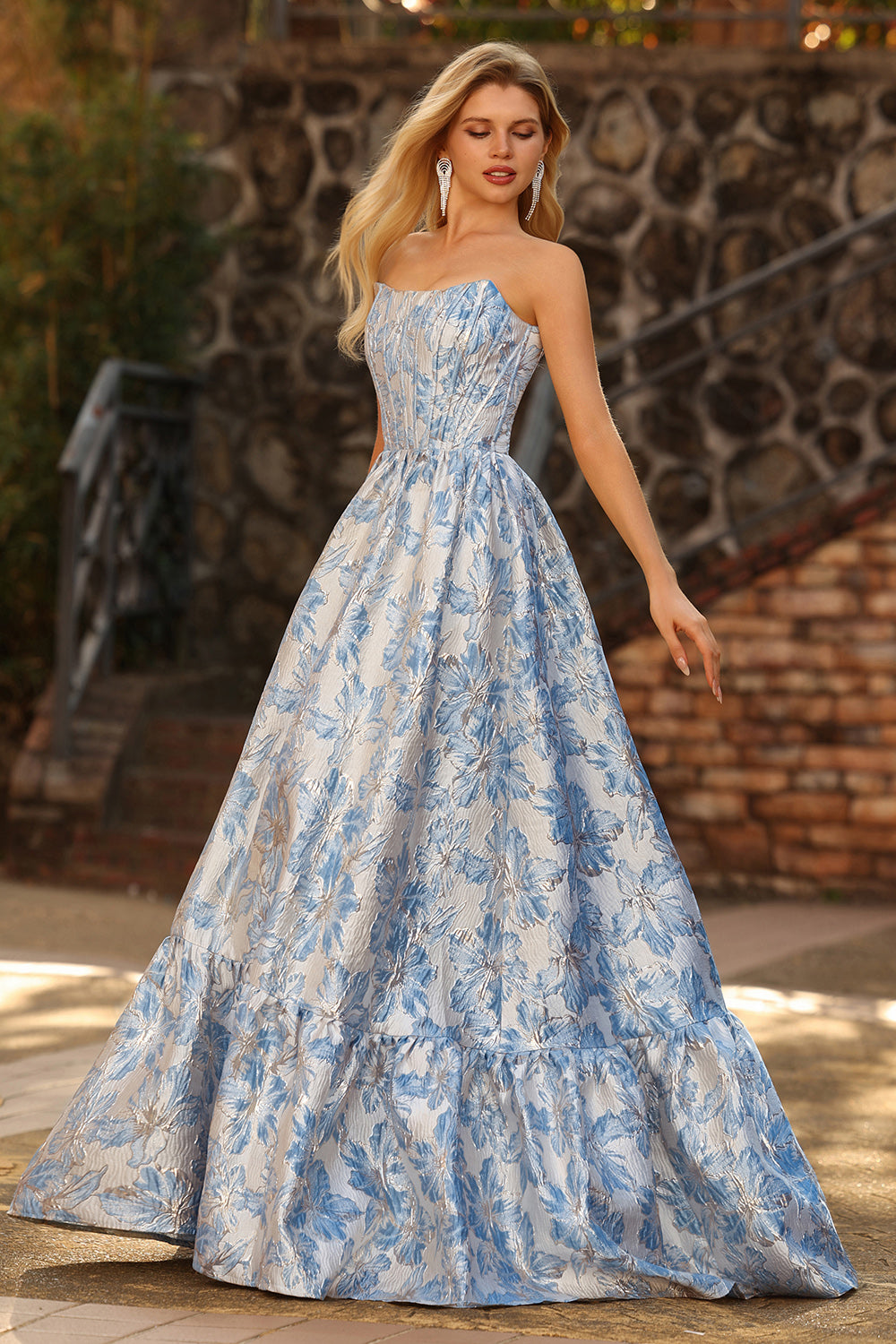 Floral Light Blue Off the Shoulder Jacquard Long Corset Prom Dress