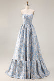 Floral Light Blue A Line Jacquard Off the Shoulder Long Corset Prom Dress