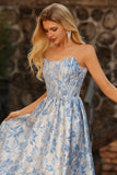 Floral Light Blue Off the Shoulder Jacquard Long Corset Prom Dress