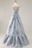 Floral Light Blue A Line Jacquard Off the Shoulder Long Corset Prom Dress