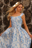 Floral Light Blue Off the Shoulder Jacquard Long Corset Prom Dress