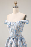Floral Light Blue A Line Jacquard Off the Shoulder Long Corset Prom Dress