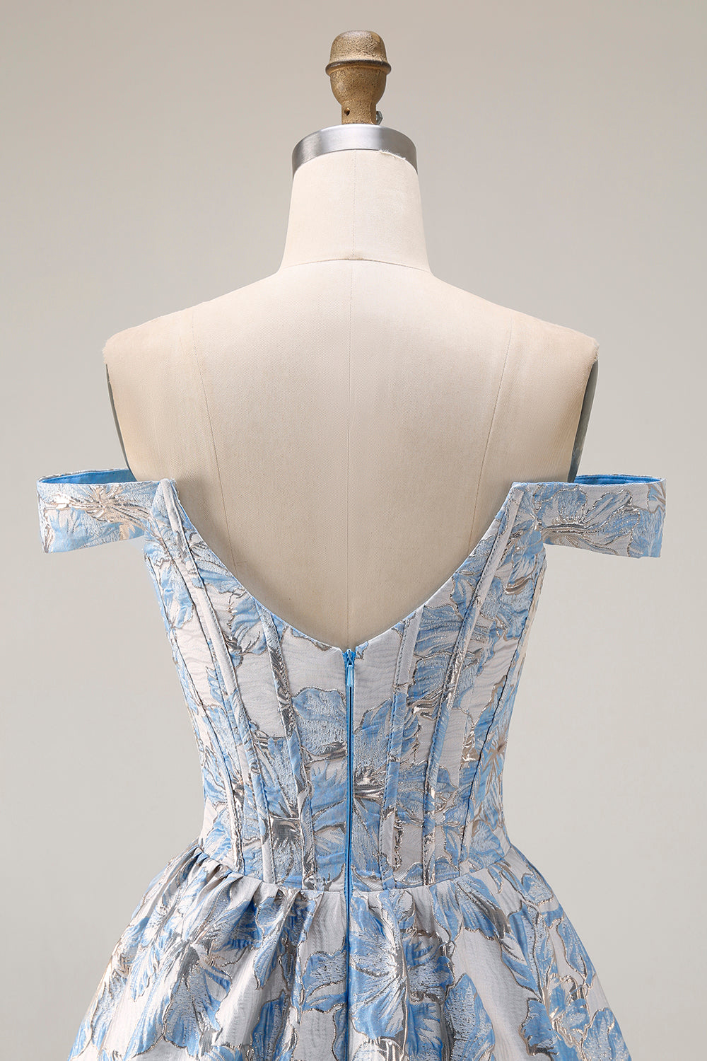 Floral Light Blue A Line Jacquard Off the Shoulder Long Corset Prom Dress