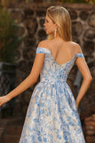 Floral Light Blue Off the Shoulder Jacquard Long Corset Prom Dress