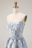 Floral Light Blue A Line Jacquard Off the Shoulder Long Corset Prom Dress