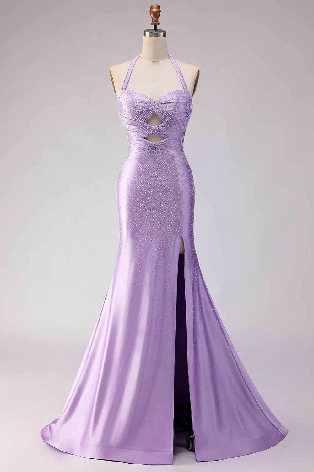 Lilac Satin Mermaid Halter Beaded Long Prom Dress with Slit