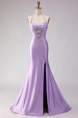 Lilac Satin Mermaid Halter Beaded Long Prom Dress with Slit