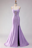 Lilac Satin Mermaid Halter Beaded Long Prom Dress with Slit