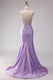 Lilac Satin Mermaid Halter Beaded Long Prom Dress with Slit