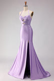 Lilac Satin Mermaid Halter Beaded Long Prom Dress with Slit