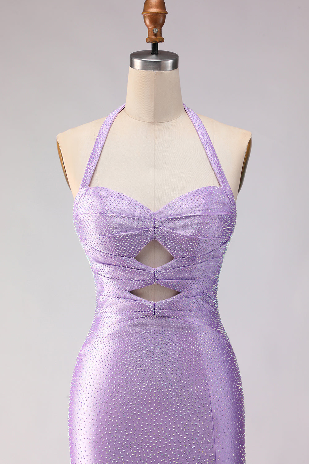 Lilac Satin Mermaid Halter Beaded Long Prom Dress with Slit