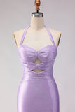Lilac Satin Mermaid Halter Beaded Long Prom Dress with Slit