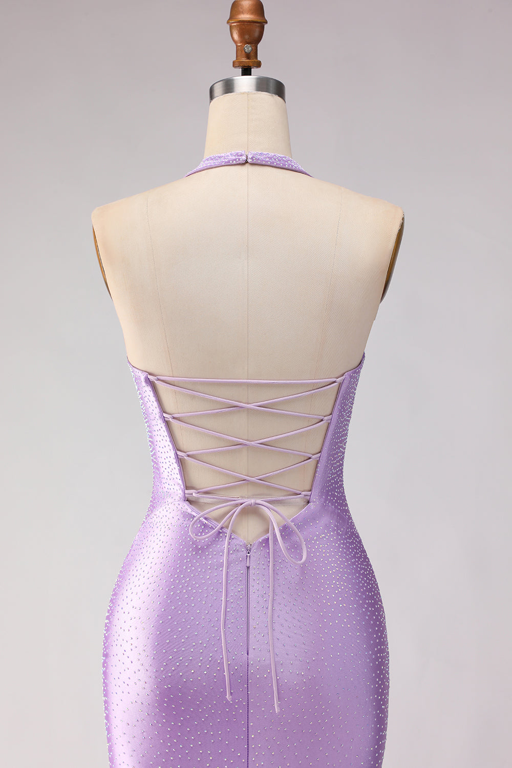 Lilac Satin Mermaid Halter Beaded Long Prom Dress with Slit