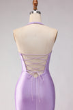 Lilac Satin Mermaid Halter Beaded Long Prom Dress with Slit
