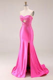 Sparkly Sweetheart Beaded Satin Hot Pink Keyhole Mermaid Long Prom Dresss with Slit