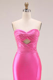 Sparkly Sweetheart Beaded Satin Hot Pink Keyhole Mermaid Long Prom Dresss with Slit