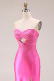 Sparkly Sweetheart Beaded Satin Hot Pink Keyhole Mermaid Long Prom Dresss with Slit