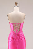 Sparkly Sweetheart Beaded Satin Hot Pink Keyhole Mermaid Long Prom Dresss with Slit