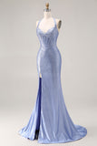 Sparkly Light Blue Beaded Mermaid Long Corset Prom Dress with Slit