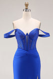 Off the Shoulder Sparkly Royal Blue Satin Corset Beaded Long Prom Dress with Slit