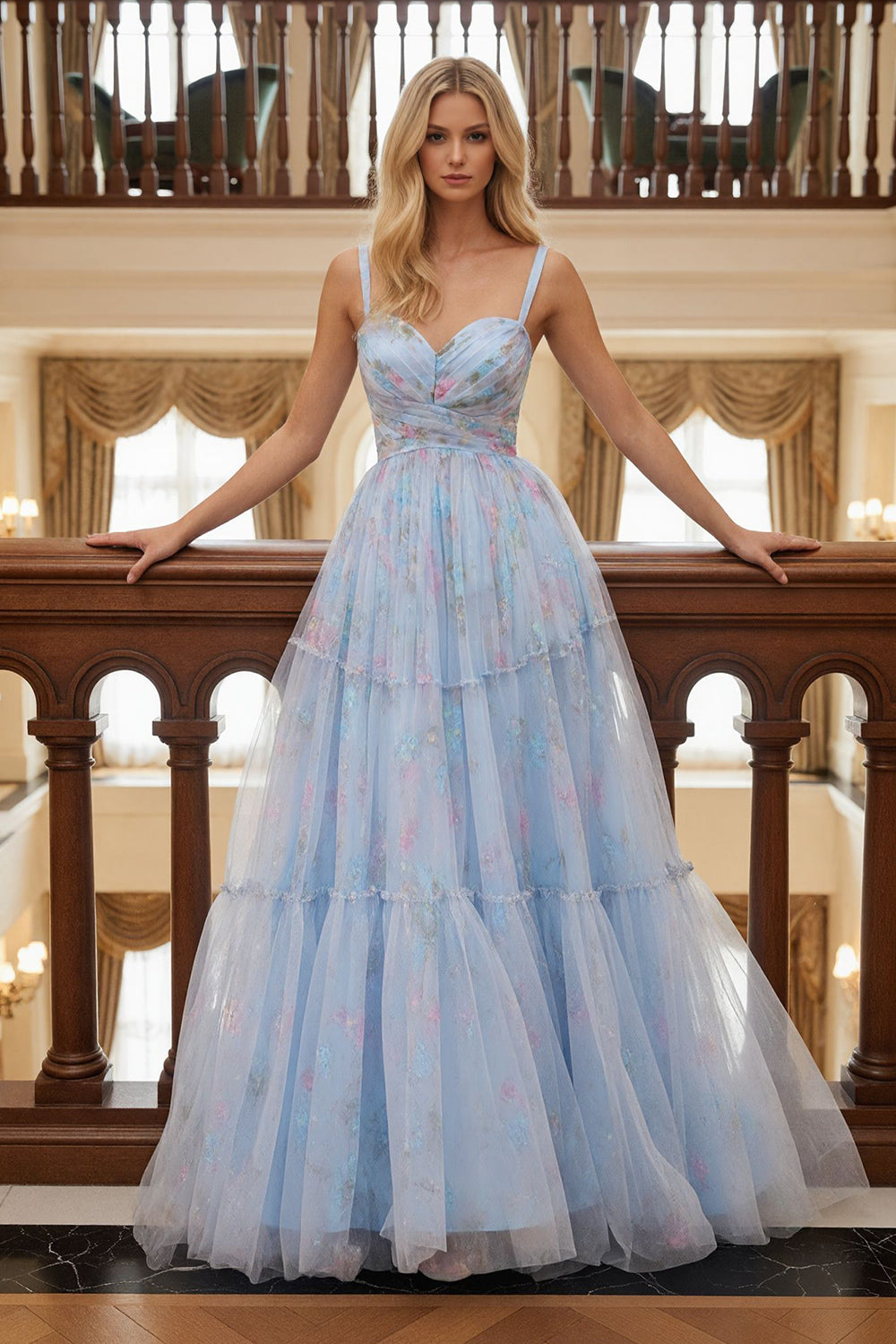 Blue Floral Tulle Spaghetti Straps A Line Ruched Long Prom Dress