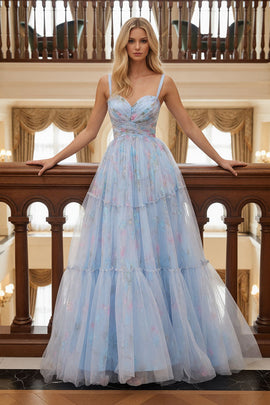 Blue Floral Tulle Spaghetti Straps A Line Ruched Long Prom Dress
