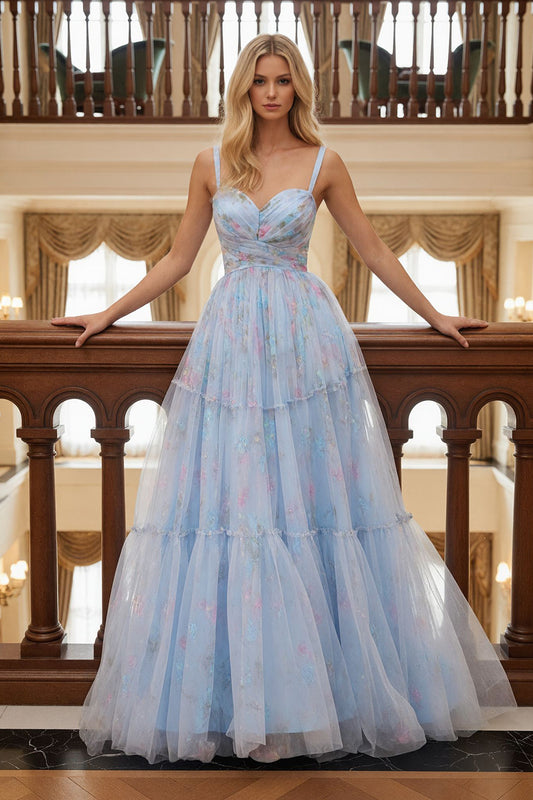 Blue Floral Tulle Spaghetti Straps A Line Ruched Long Prom Dress