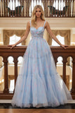 Blue Floral Tulle Spaghetti Straps A Line Ruched Long Prom Dress