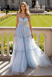 Blue Floral Tulle Spaghetti Straps A Line Ruched Long Prom Dress