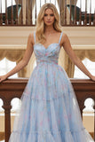 Blue Floral Tulle Spaghetti Straps A Line Ruched Long Prom Dress
