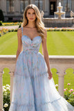 Blue Floral Tulle Spaghetti Straps A Line Ruched Long Prom Dress