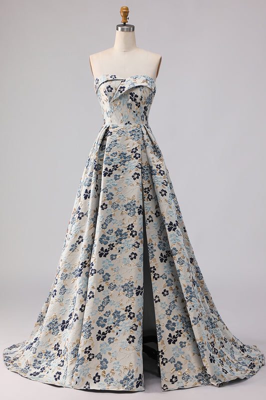 Floral Blue Jacquard Strapless A Line Long Prom Dress with Slit