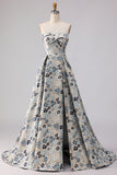 Floral Blue Jacquard Strapless A Line Long Prom Dress with Slit