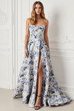 Blue Floral Satin Strapless A Line Long Prom Dress with Slit
