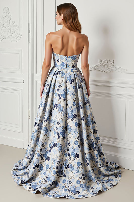 Blue Floral Satin Strapless A Line Long Prom Dress with Slit