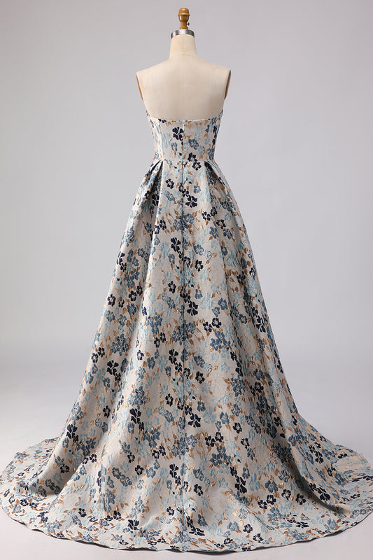 Floral Blue Jacquard Strapless A Line Long Prom Dress with Slit