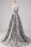 Floral Blue Jacquard Strapless A Line Long Prom Dress with Slit
