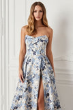 Blue Floral Satin Strapless A Line Long Prom Dress with Slit