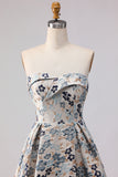Floral Blue Jacquard Strapless A Line Long Prom Dress with Slit