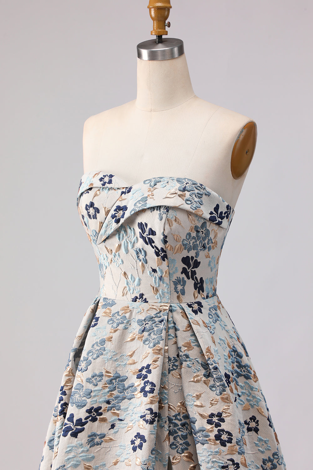 Floral Blue Jacquard Strapless A Line Long Prom Dress with Slit